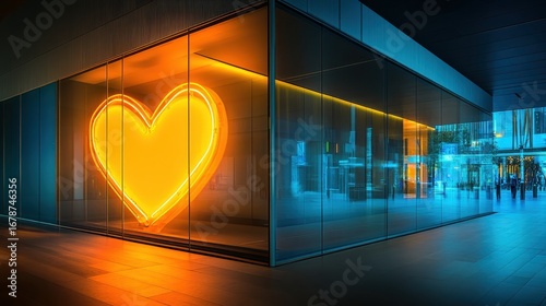 Neon Heart Light in Modern Urban Setting at Night