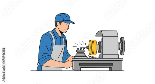 Craftsman Concentrating on Precision Machining Task with Manual Lathe in Workshop Setting, Skillful Worker Crafting Metal Parts with Classic