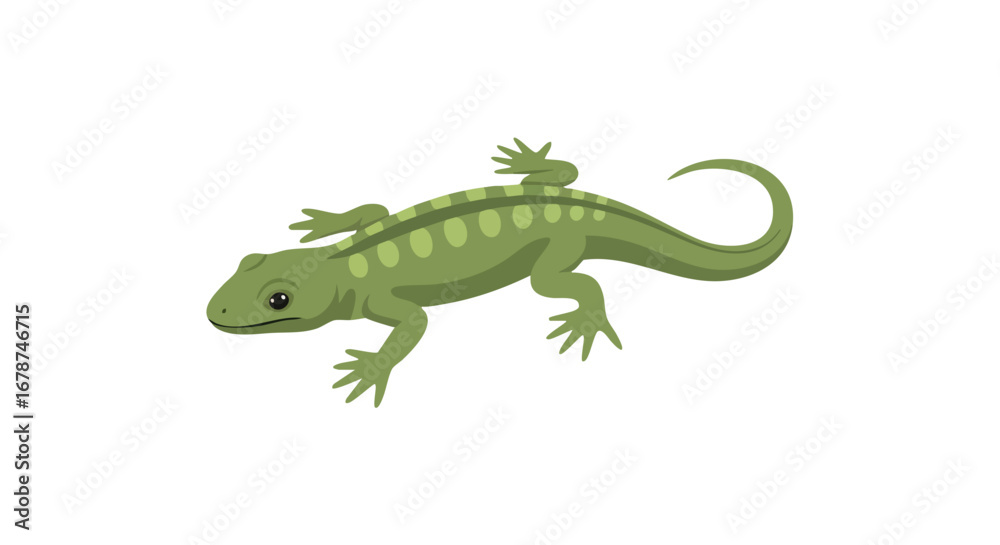 Fototapeta premium Illustrated green lizard with spots, creating a whimsical image suitable for children's books or educational materials involving reptiles and wildlife