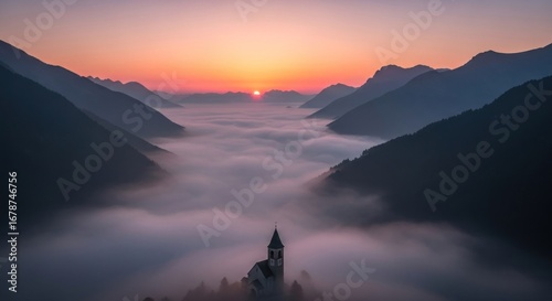 Mountain valley with church spire poking through clouds at sunrise
