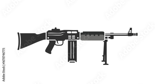 Stylized depiction of a machine gun, a heavy automatic weapon utilized in modern warfare, emphasizing its stark outline and powerful presence