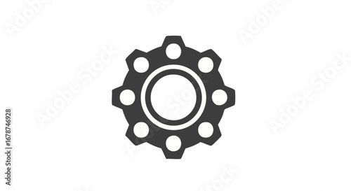 Geometric rendition of a gear with circular perforations on a plain backdrop forming a gear motif with clean lines and precise detail for design