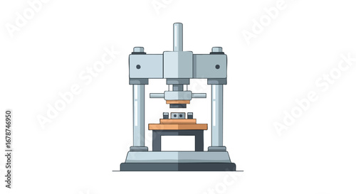 Illustration depicting a hydraulic press machine used in metalworking and manufacturing, with sturdy construction details for pressing objects  and
