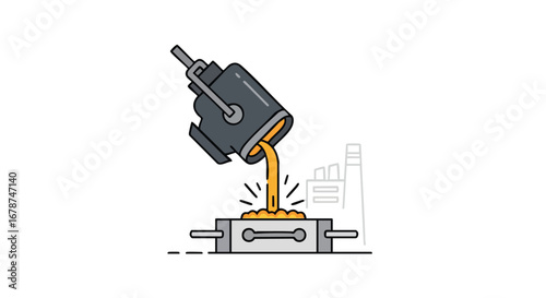 Illustration depicting the molten metal pouring process during metal casting in manufacturing and factory environment showcasing industrial processes