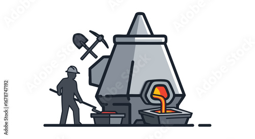 Illustration depicting a silhouette worker extracting molten metal from an industrial furnace in a stylized manner