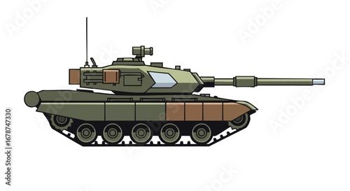 Illustration of a Military Battle Tank with Detailed Tracks and Camouflage Design, Isolated on White Background for War Game Concept 3D Art