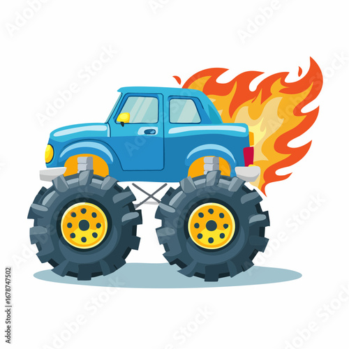 Cartoon monster truck, blue, with oversized wheels, flame, smoke. Vector illustration