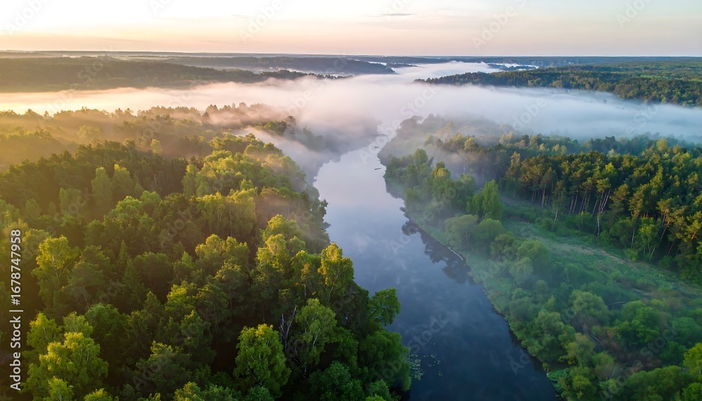 Fototapeta premium Mist blankets river valley