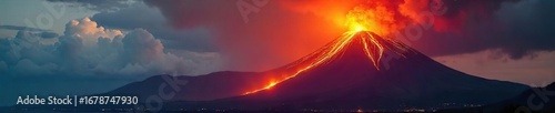 Majestic Hawaiian volcano erupting with fiery lava flowing down its slopes, creating a breathtaking spectacle of nature's raw power Smoke billows across the dramatic landscape , fire, heat
