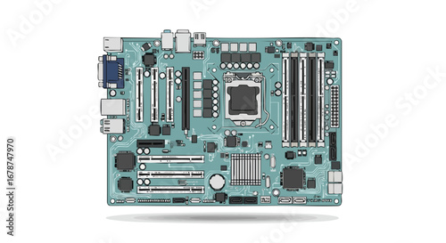Detailed Illustration of a Modern Computer Motherboard with Integrated Components and Circuitry
