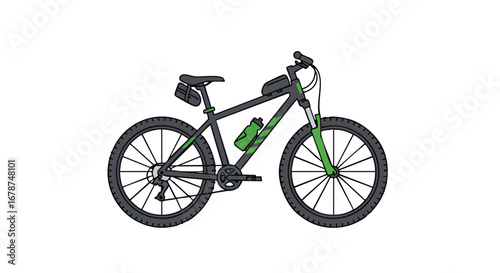 Stylized mountain bike illustration for outdoor adventures and recreational cycling showing sport equipment and accessories isolated on white