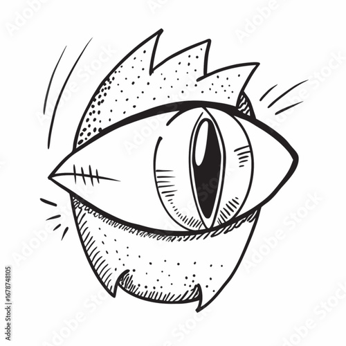 Minimilist a stylized drawing of a single eye with spiky hair and dotted skin in black and white illustration vector