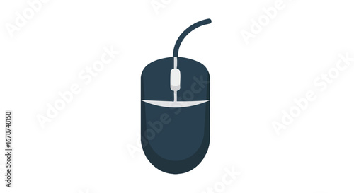 Illustration of a standard dark blue wired computer mouse used for computer navigation and point-and-click interaction on a white backdrop