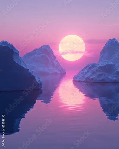 Majestic sunset reflection over icy waters arctic landscape digital art serene environment wide-angle view tranquility and beauty