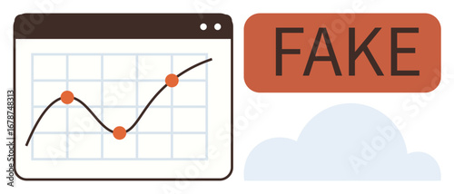 Data graph with upward trend, orange dots, overlay warning reading FAKE, and cloud icon. Ideal for misinformation, fraud detection, fake news, data manipulation, analytics integrity online scams