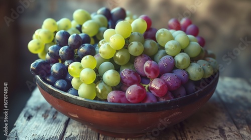 A bowl filled with assorted grapes of different colors - green, red, and purple - glistening under natural light, on a rustic wooden surface.