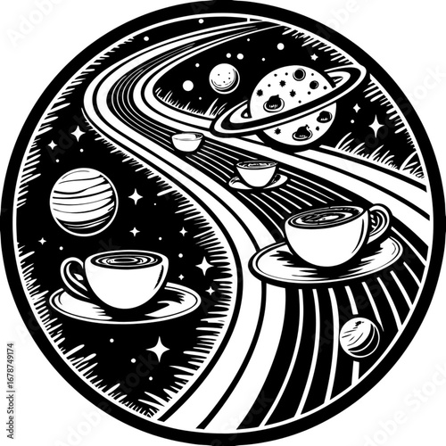 Minimilist circular design featuring coffee cups planets and cosmic road in black and white illustration style art vector