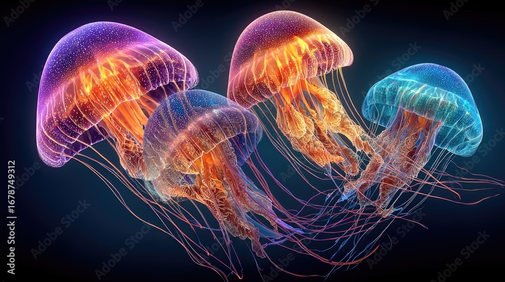 Naklejka premium Glowing jellyfish, vibrant colors, dark background