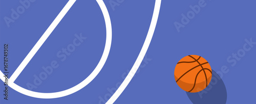 Orange basketball on a blue court with white lines
