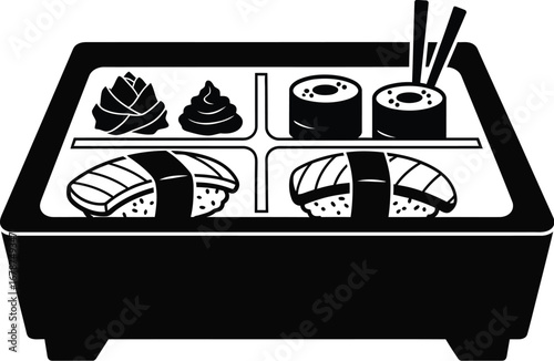 A bento box filled with various types of sushi, showcasing japanese culinary art