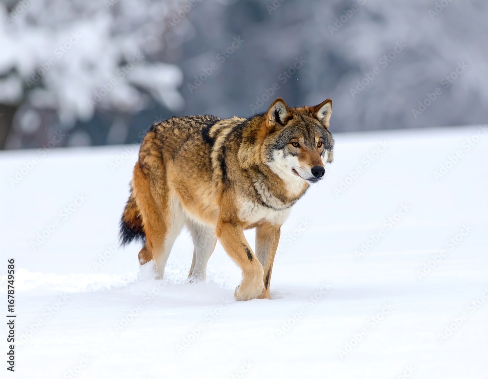 Fototapeta premium Majestic wolf strolls through snowy landscape