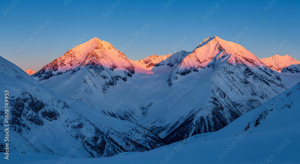 Fototapeta premium Snowy mountain peaks bathed in the warm glow of sunrise against a clear blue sky landscape view ai generated