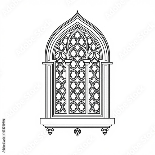 Minimilist detailed outline drawing of an arched window with intricate geometric patterns and architectural details vector