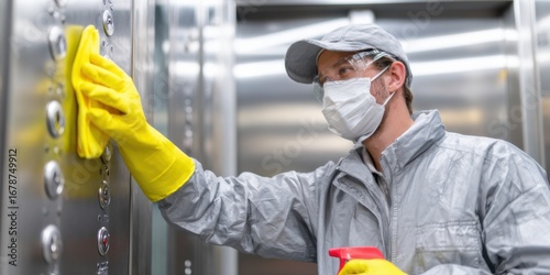 Cleaning an elevator interior during a busy day in the city for enhanced hygiene and safety
