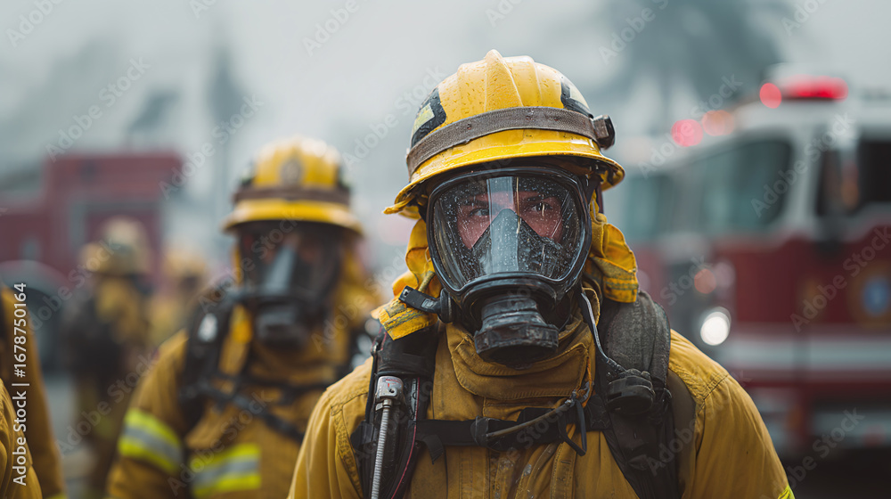 Naklejka premium Emergency Responders in Action: Firefighters wear protective gear with fire truck background.