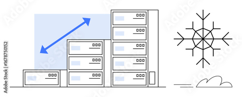 Stacked servers arranged in ascending order with growth arrow, snowflake symbolizing cooling. Ideal for technology, growth, business, server storage, climate, efficiency modern data centers. Simple