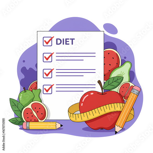 Healthy Food and Diet Checklist with Fruits and Pencil Illustration