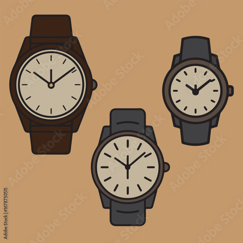 Three stylish wristwatches with brown and gray straps displayed together