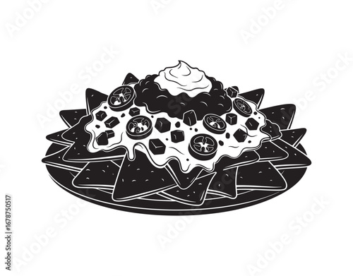 Silhouette of nachos isolated on a white background, vector illustration. An icon representing Mexican fast food, suitable for a restaurant emblem or menu decoration.


