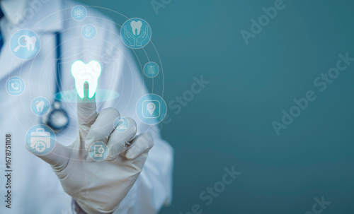 Dentist using digital dental interface with tooth icon medical technology innovation virtual healthcare system