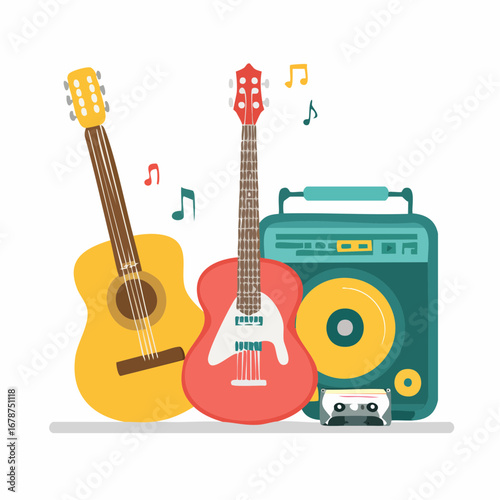 Musical hobby composition with classic guitars and a retro radio cassette player for audio entertainment