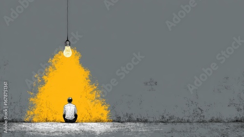 Contemplative individual seated under a light urban setting digital art minimalist environment side view inner reflection