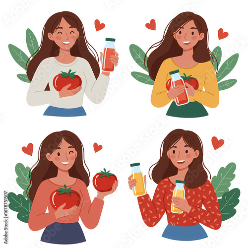 Young Woman Holding Tomato and Juice Bottle in Colorful Casual Outfits