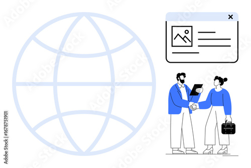 Globe icon, browser window, two coworkers sealing a virtual deal. Ideal for collaboration, global partnership, online business, networking, communication digital agreement teamwork. Simple flat