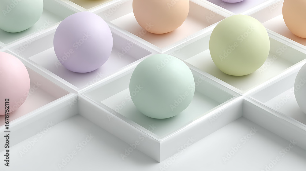 Fototapeta premium Minimalist arrangement of pastel-colored spheres aligned in a clean geometric grid on a white background