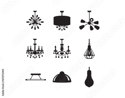 Contemporary and classic ceiling lamps. A collection of suspended light fixtures. Various styles of chandeliers. Illumination for home and office. A flat icon assortment.