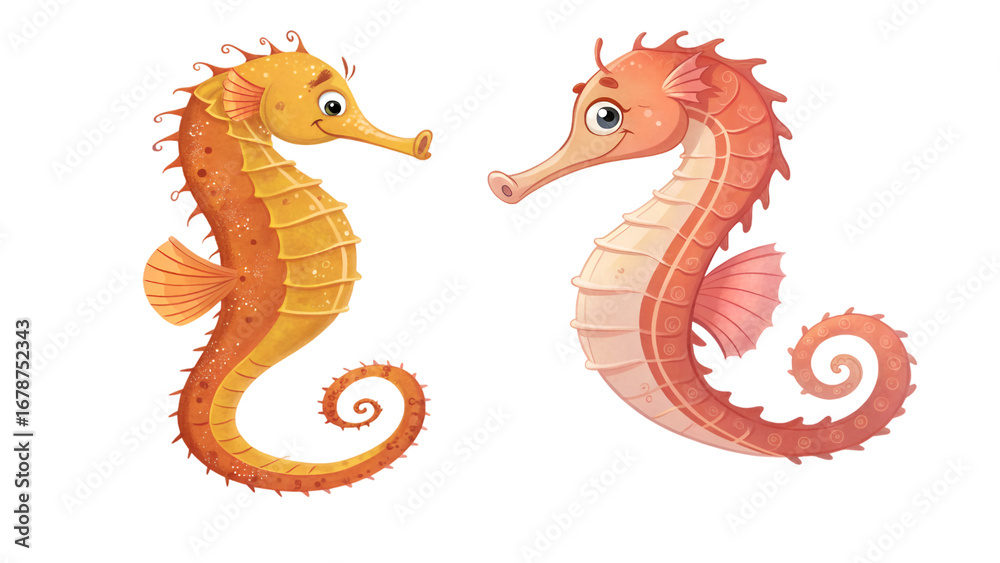 Obraz premium pink and yellow sea horse , two cute cartoon sea horse isolated on transparent background 