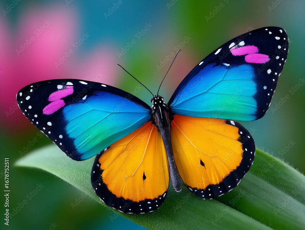 Fototapeta premium delicate macro shot of a vibrant butterfly with intricate wing patterns resting on a colorful flower