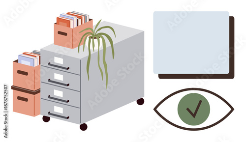 Filing cabinet with drawers filled with colorful documents, potted plant decor, blank screen, and checkmark inside the eye shape. Ideal for organization, productivity, storage, planning, management