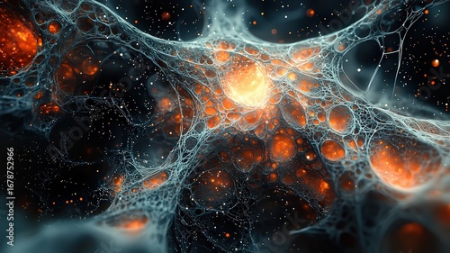 Abstract cosmic network shwcasing glowing nodes and ntricate web-like structurs, symbolizing connectivit and the universes mysteris.