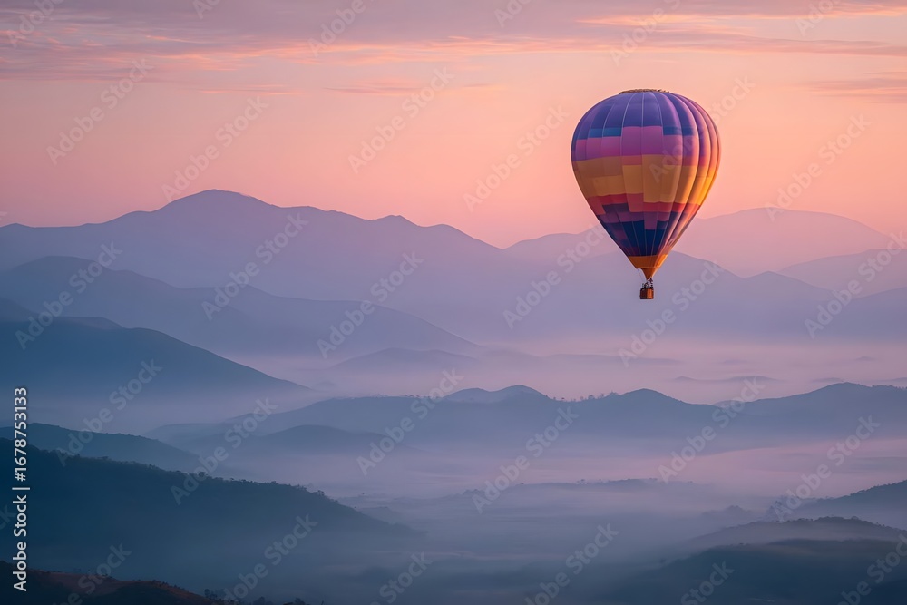 Fototapeta premium Colorful hot air balloon floats above misty mountains at sunrise.