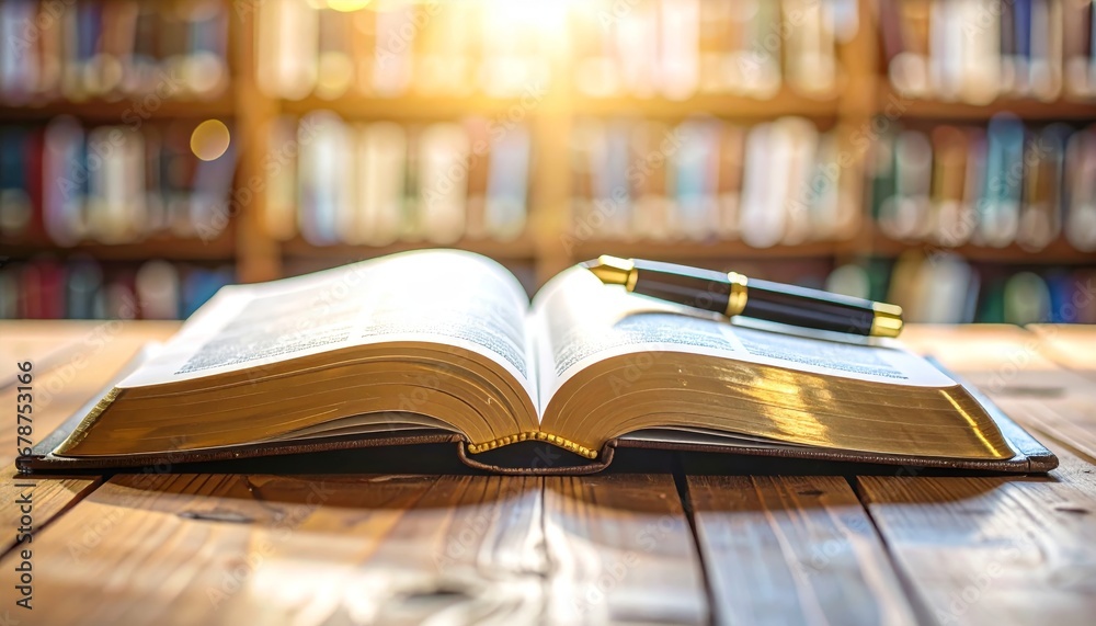 Open Book on Wooden Table with Pen and Library Background