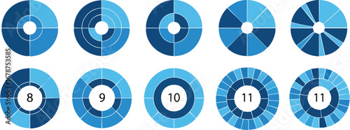 Diverse circular charts showcasing data segments and numerical representations in modern design