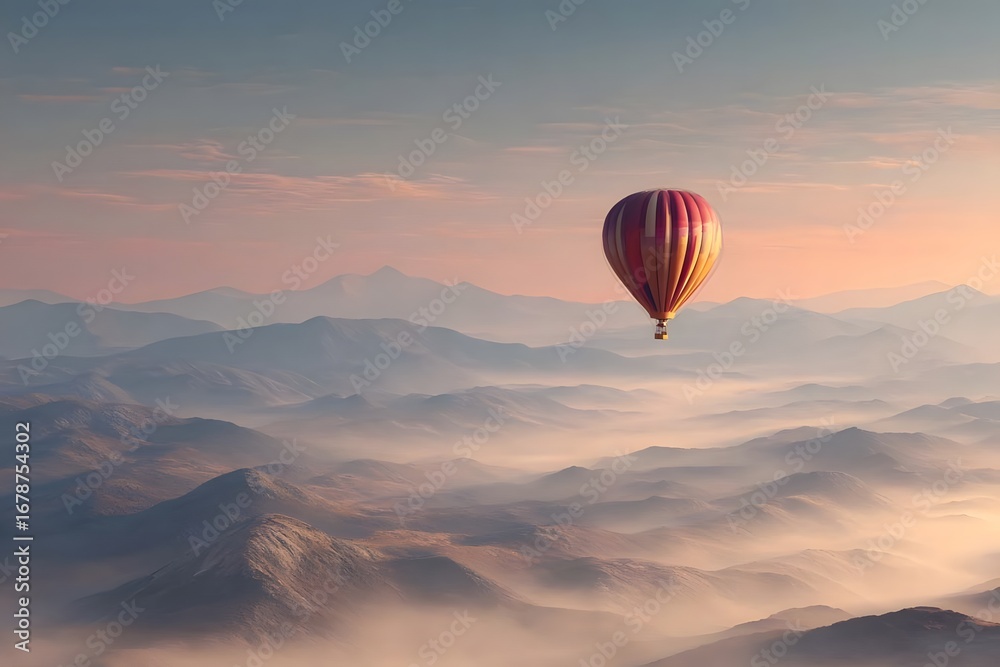 Fototapeta premium Hot air balloon rises above foggy mountains at sunrise.