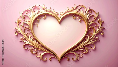 Ornate golden heart frame on a pink background