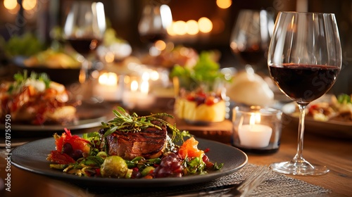 Realistic photo of gourmet dinner table with wine glasses and candles